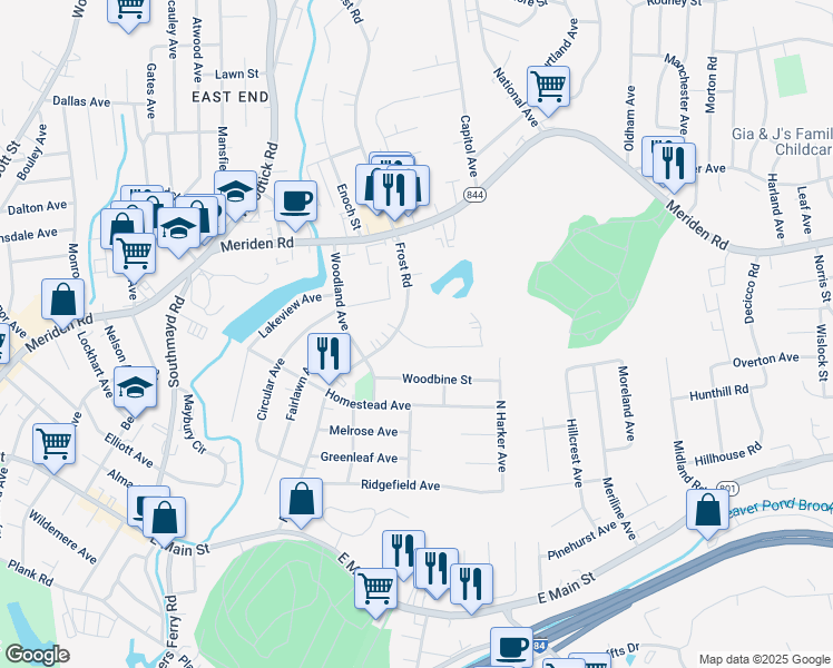 map of restaurants, bars, coffee shops, grocery stores, and more near 370 Frost Road in Waterbury