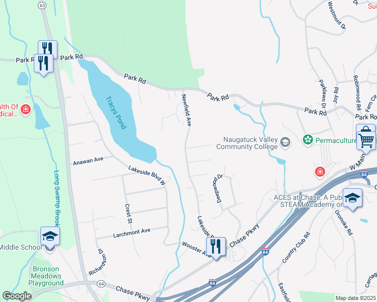 map of restaurants, bars, coffee shops, grocery stores, and more near 350 Lakeside Boulevard East in Waterbury