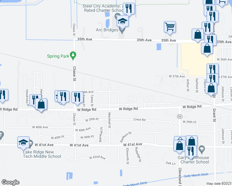 map of restaurants, bars, coffee shops, grocery stores, and more near 3802 Ellsworth Place in Gary
