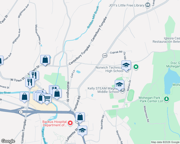 map of restaurants, bars, coffee shops, grocery stores, and more near 152 Harland Road in Norwich