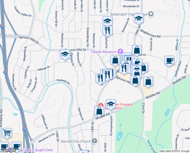 map of restaurants, bars, coffee shops, grocery stores, and more near 1807 Sutton Place in Bettendorf