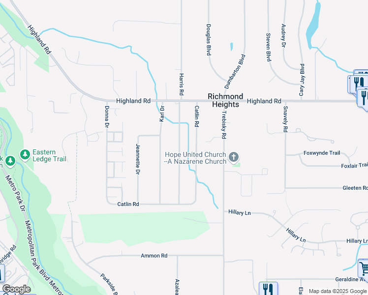 map of restaurants, bars, coffee shops, grocery stores, and more near 489 Harris Road in Richmond Heights