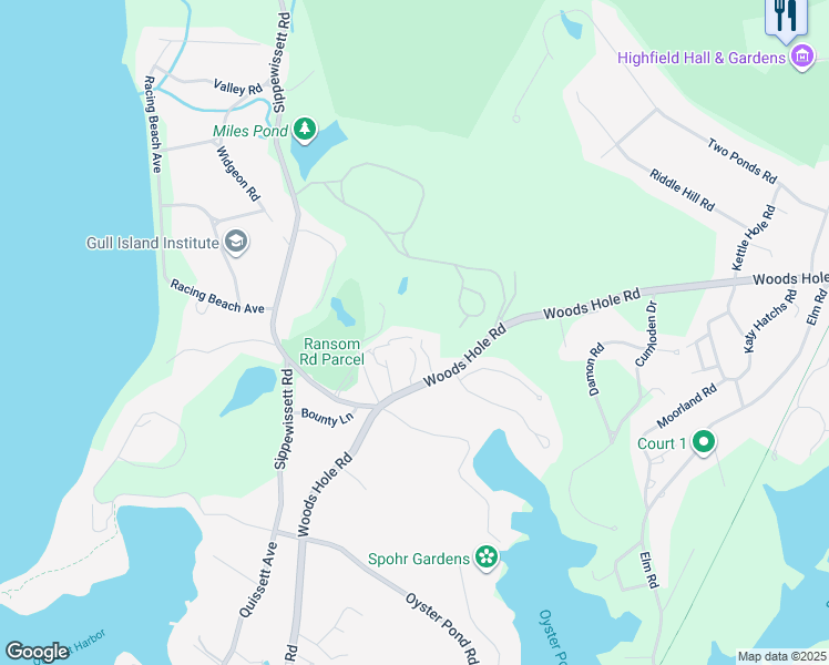 map of restaurants, bars, coffee shops, grocery stores, and more near 163 Woods Hole Road in Falmouth