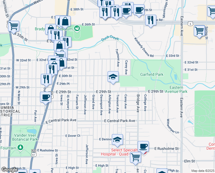 map of restaurants, bars, coffee shops, grocery stores, and more near 2926 Arlington Avenue in Davenport