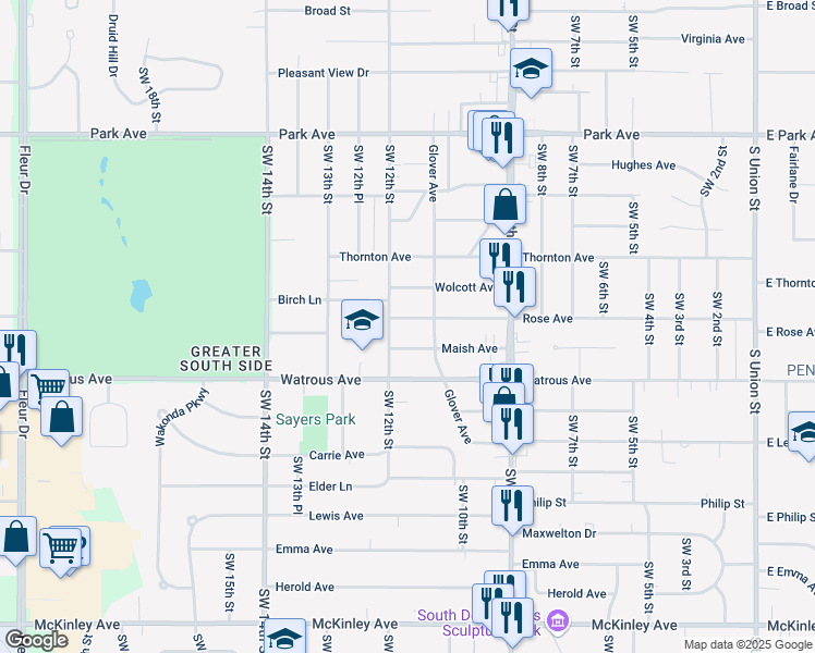map of restaurants, bars, coffee shops, grocery stores, and more near 1130 Rose Avenue in Des Moines