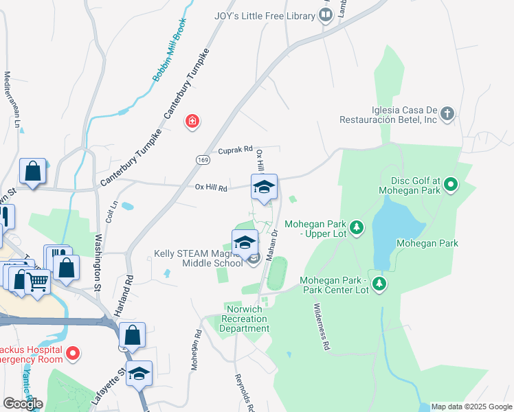 map of restaurants, bars, coffee shops, grocery stores, and more near 7 Mahan Drive in Norwich