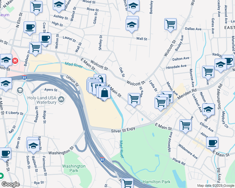 map of restaurants, bars, coffee shops, grocery stores, and more near 1141 East Main Street in Waterbury