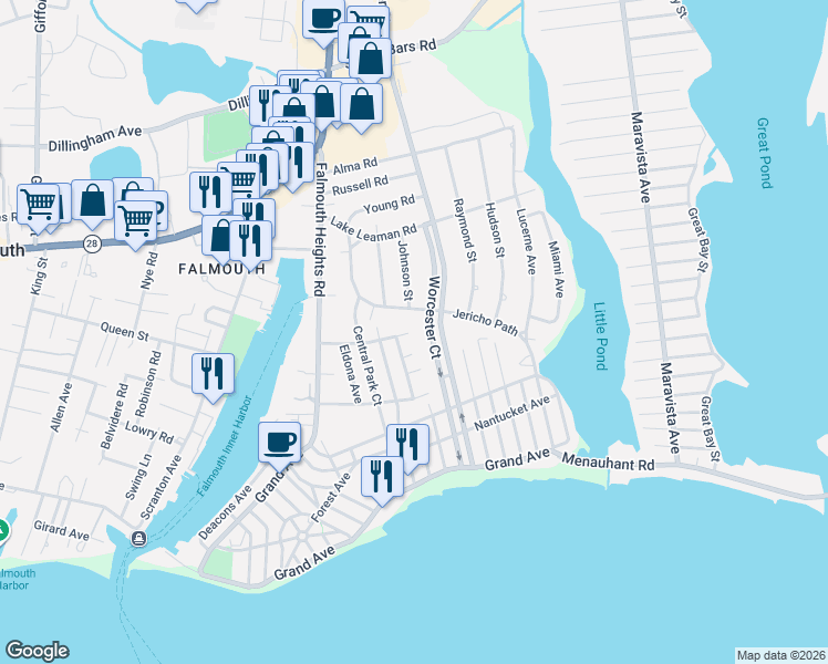 map of restaurants, bars, coffee shops, grocery stores, and more near 47 Little Rock Avenue in Falmouth