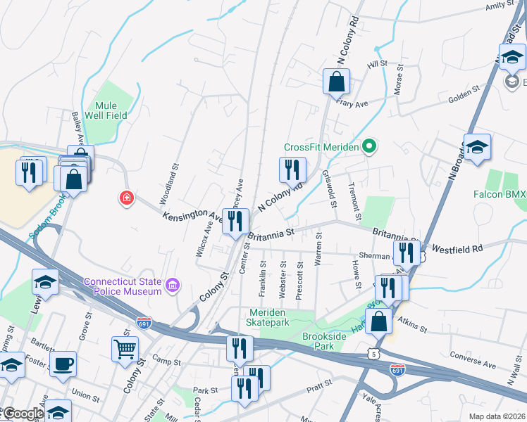 map of restaurants, bars, coffee shops, grocery stores, and more near 505-531 North Colony Road in Meriden
