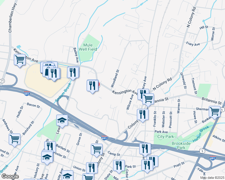 map of restaurants, bars, coffee shops, grocery stores, and more near 115 Kensington Avenue in Meriden
