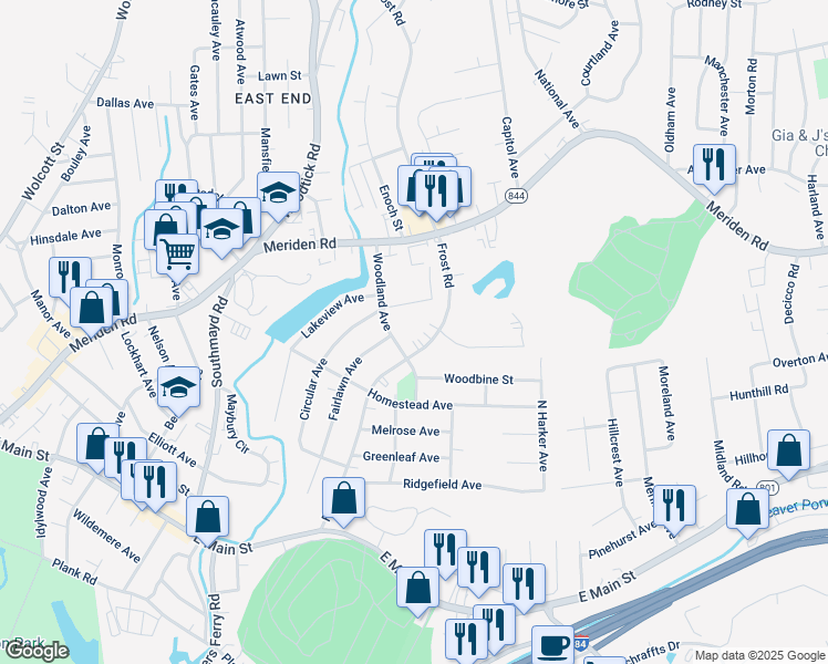 map of restaurants, bars, coffee shops, grocery stores, and more near 339 Frost Road in Waterbury