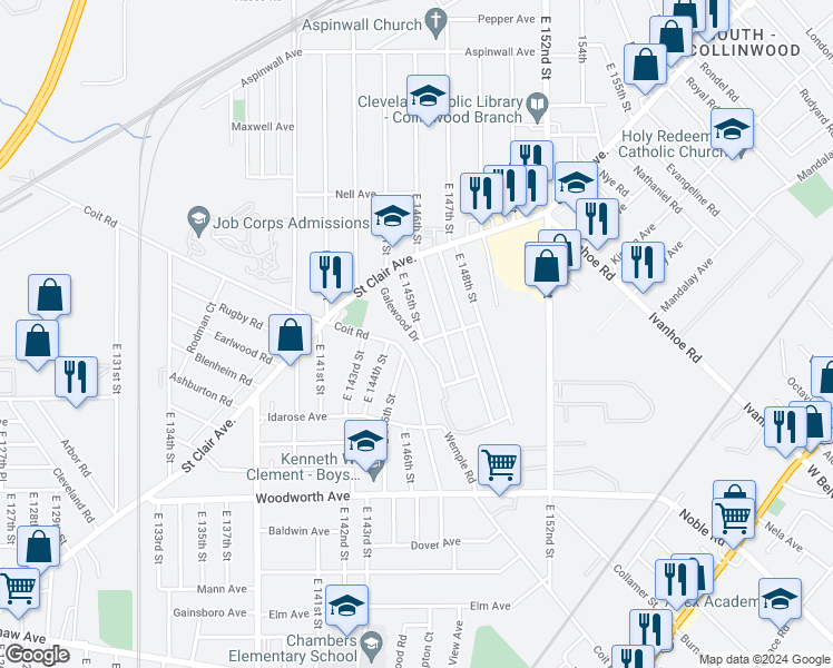 map of restaurants, bars, coffee shops, grocery stores, and more near 1064 East 145th Street in Cleveland