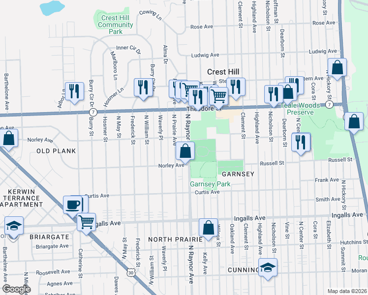 map of restaurants, bars, coffee shops, grocery stores, and more near 1422 North Prairie Avenue in Joliet