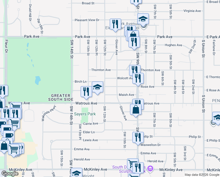 map of restaurants, bars, coffee shops, grocery stores, and more near 1130 Rose Avenue in Des Moines