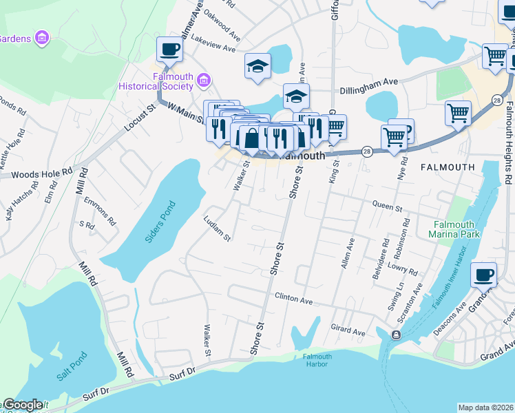 map of restaurants, bars, coffee shops, grocery stores, and more near 53 Linden Road in Falmouth