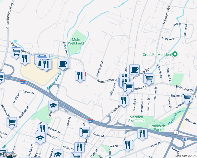 map of restaurants, bars, coffee shops, grocery stores, and more near 115 Kensington Avenue in Meriden