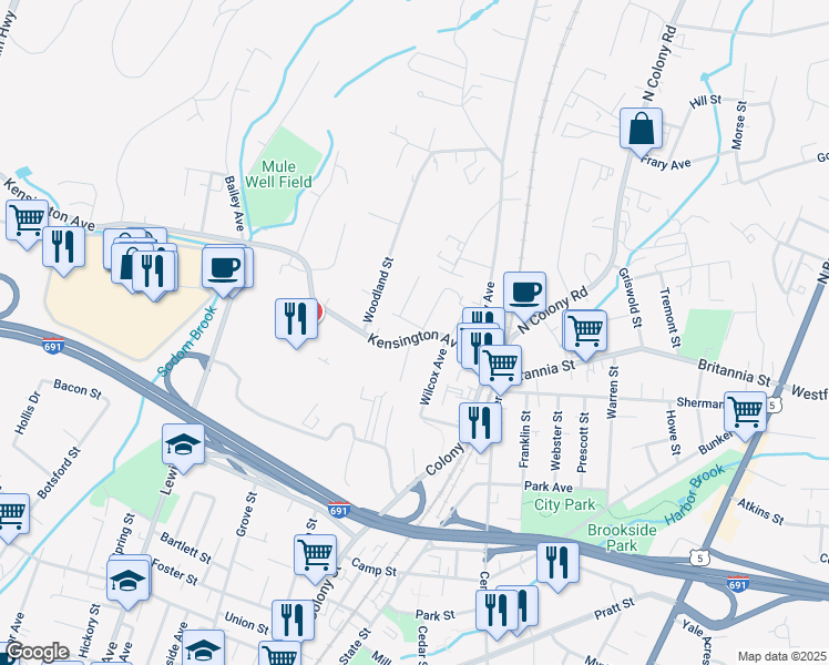 map of restaurants, bars, coffee shops, grocery stores, and more near 85 Kensington Avenue in Meriden