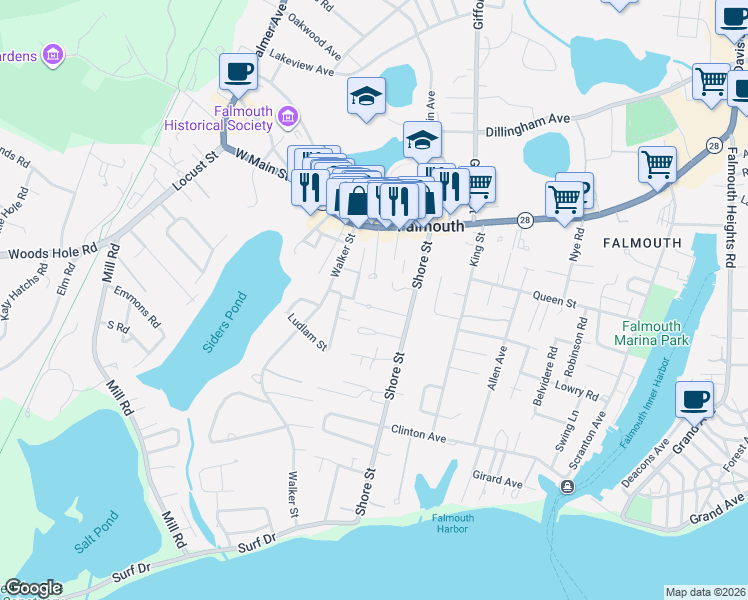 map of restaurants, bars, coffee shops, grocery stores, and more near 53 Linden Road in Falmouth