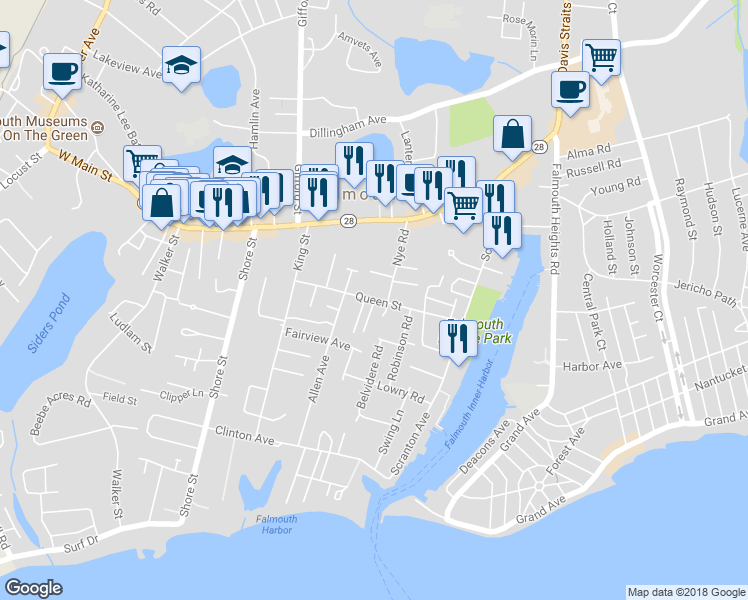 map of restaurants, bars, coffee shops, grocery stores, and more near 97 Queen Street in Falmouth