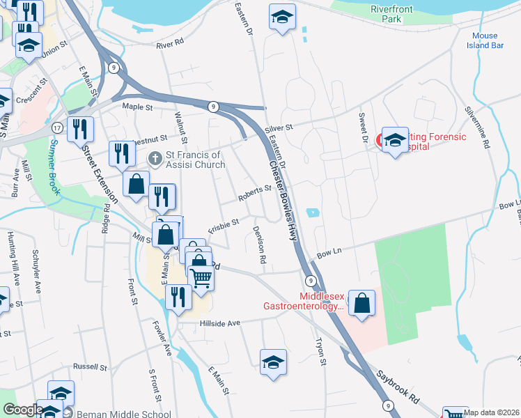 map of restaurants, bars, coffee shops, grocery stores, and more near 30 Laurel Street in Middletown