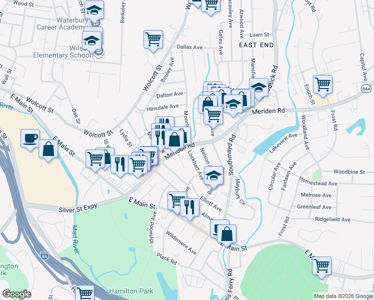 map of restaurants, bars, coffee shops, grocery stores, and more near 184 Connecticut 69 in Waterbury