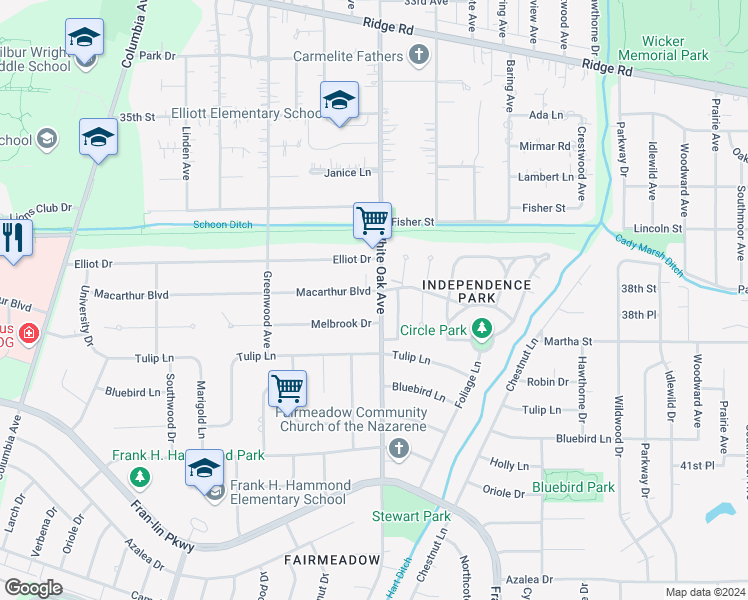 map of restaurants, bars, coffee shops, grocery stores, and more near 1548 Macarthur Boulevard in Munster