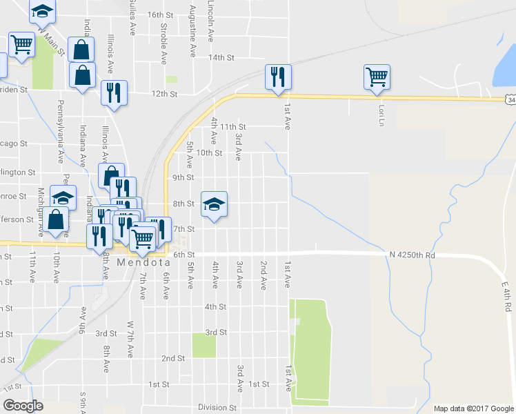 map of restaurants, bars, coffee shops, grocery stores, and more near 810 2nd Avenue in Mendota