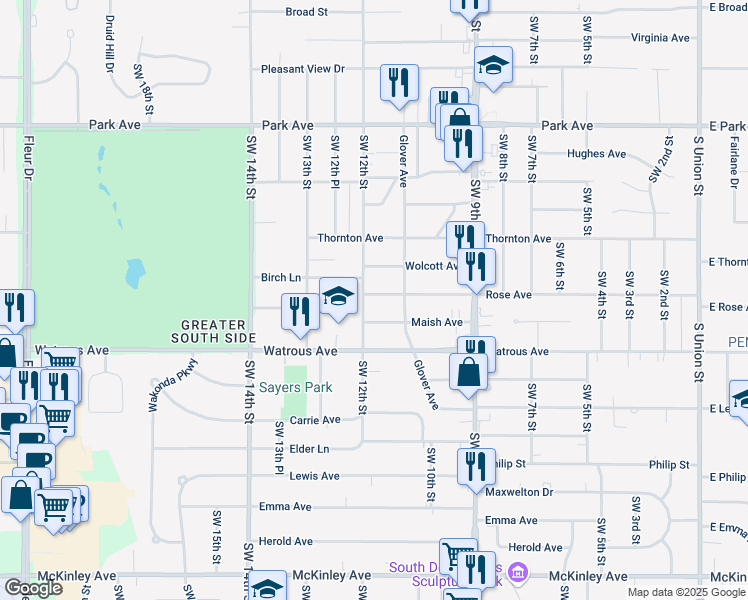 map of restaurants, bars, coffee shops, grocery stores, and more near 1130 Rose Avenue in Des Moines