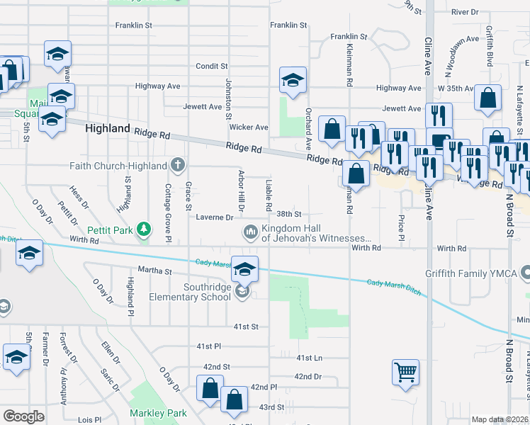 map of restaurants, bars, coffee shops, grocery stores, and more near 3545 Laverne Drive in Highland