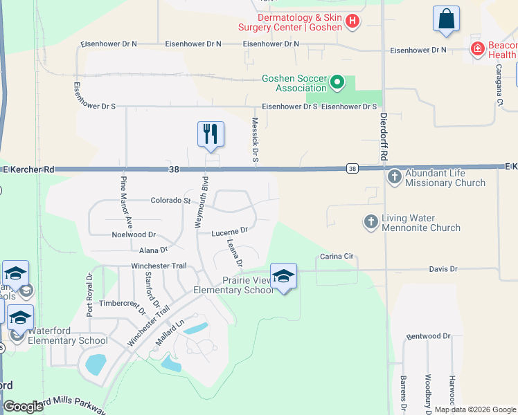 map of restaurants, bars, coffee shops, grocery stores, and more near 1206 Colorado Street in Goshen