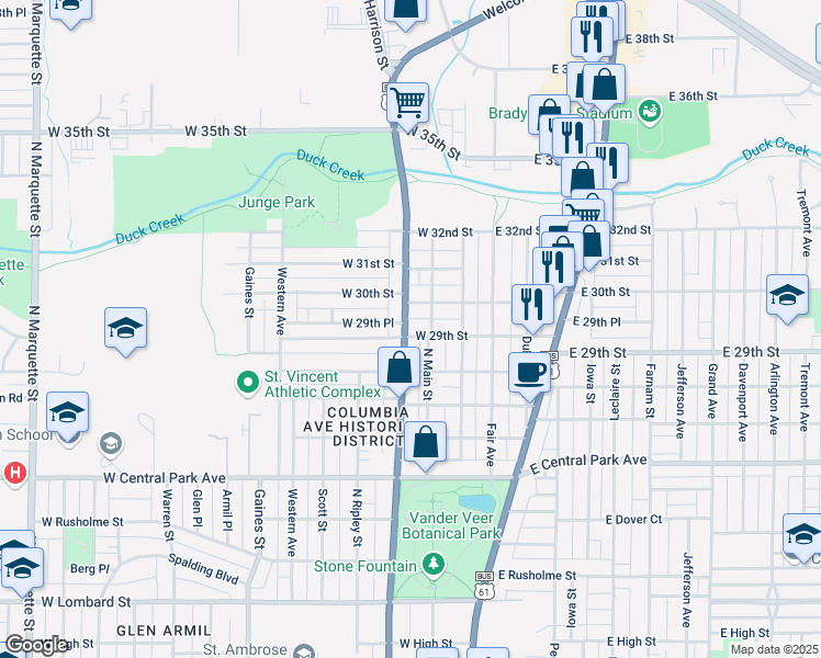 map of restaurants, bars, coffee shops, grocery stores, and more near 240 West 29th Street in Davenport
