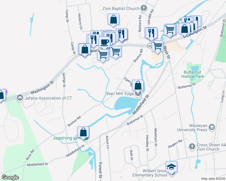 map of restaurants, bars, coffee shops, grocery stores, and more near 225 Boston Road in Middletown