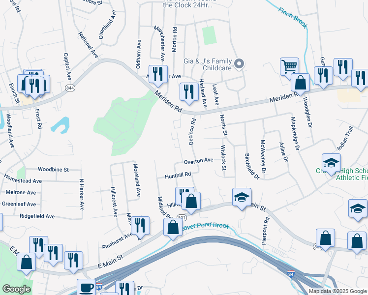 map of restaurants, bars, coffee shops, grocery stores, and more near 32 Stonewall Lane in Waterbury