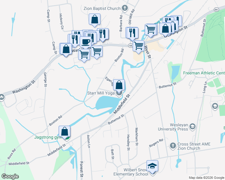 map of restaurants, bars, coffee shops, grocery stores, and more near 59 Egan Road in Middletown
