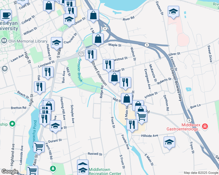 map of restaurants, bars, coffee shops, grocery stores, and more near 260 Main Street Extension in Middletown