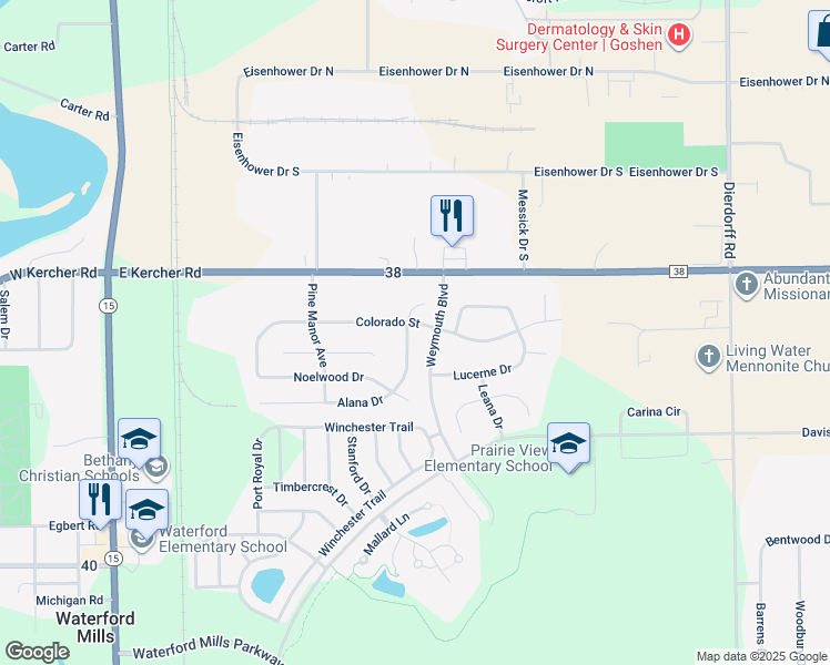 map of restaurants, bars, coffee shops, grocery stores, and more near 802 Colorado St in Goshen
