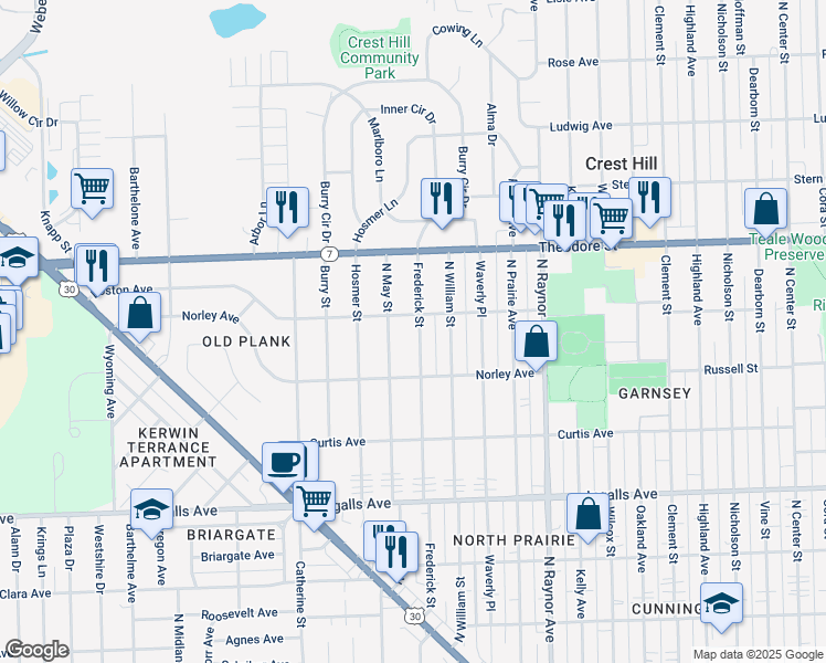 map of restaurants, bars, coffee shops, grocery stores, and more near 1423 Frederick Street in Joliet