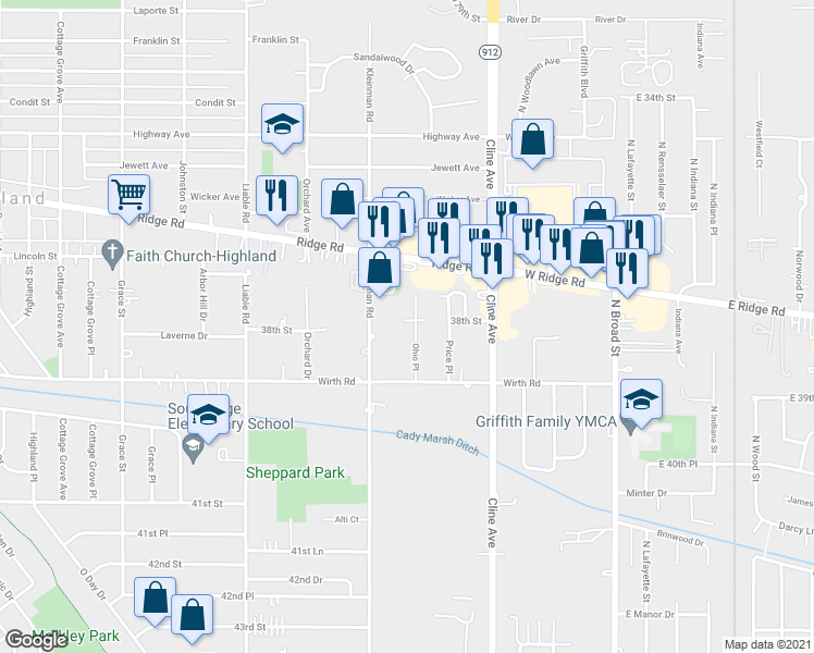 map of restaurants, bars, coffee shops, grocery stores, and more near 8961 Kleinman Rd in Highland