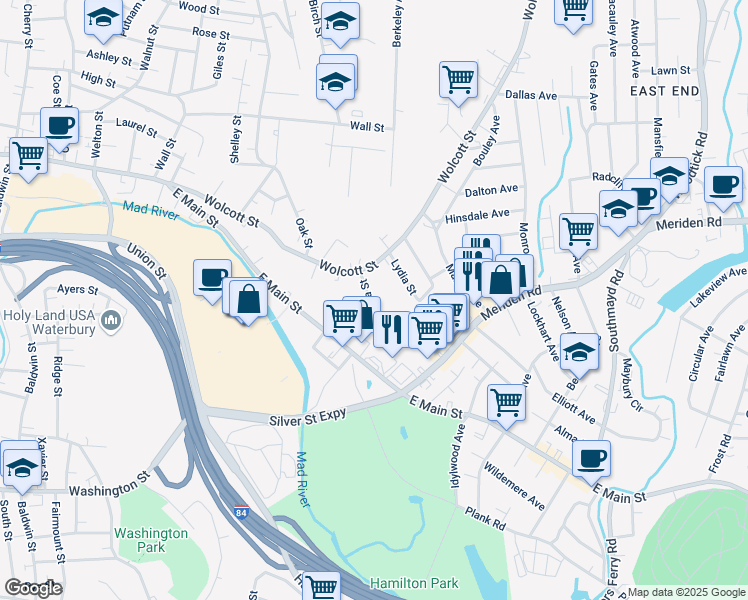 map of restaurants, bars, coffee shops, grocery stores, and more near 64 Niagara Street in Waterbury