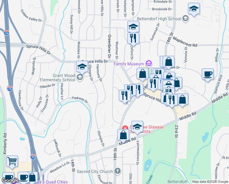 map of restaurants, bars, coffee shops, grocery stores, and more near 2625 Avalon Drive in Bettendorf