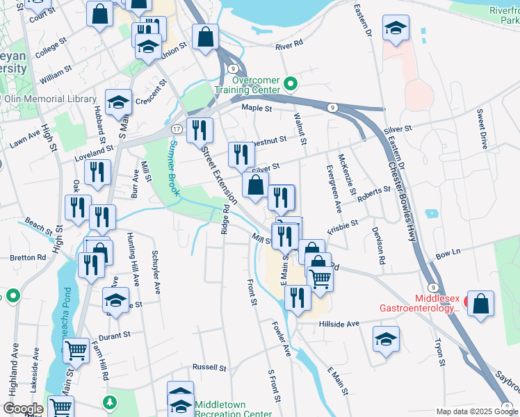 map of restaurants, bars, coffee shops, grocery stores, and more near 227 East Main Street in Middletown
