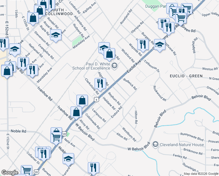 map of restaurants, bars, coffee shops, grocery stores, and more near Euclid Avenue & Algonac Road in Cleveland