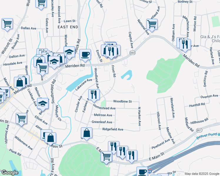 map of restaurants, bars, coffee shops, grocery stores, and more near 339 Frost Road in Waterbury