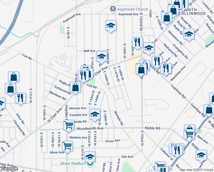 map of restaurants, bars, coffee shops, grocery stores, and more near 1064 East 145th Street in Cleveland