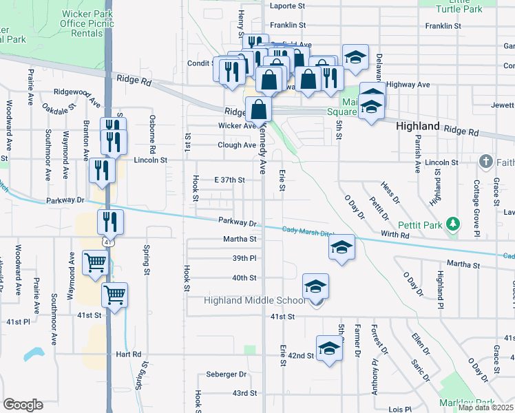map of restaurants, bars, coffee shops, grocery stores, and more near 9006 Kennedy Avenue in Highland