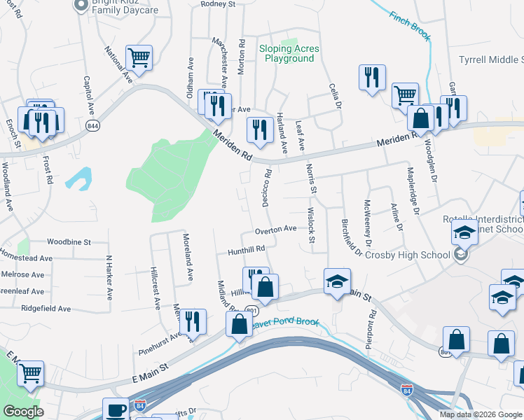 map of restaurants, bars, coffee shops, grocery stores, and more near 32 Stonewall Lane in Waterbury