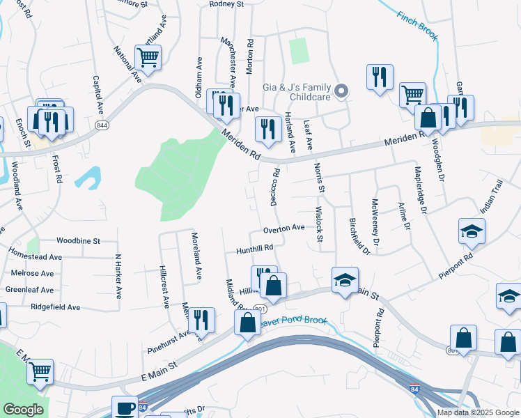 map of restaurants, bars, coffee shops, grocery stores, and more near 32 Stonewall Lane in Waterbury
