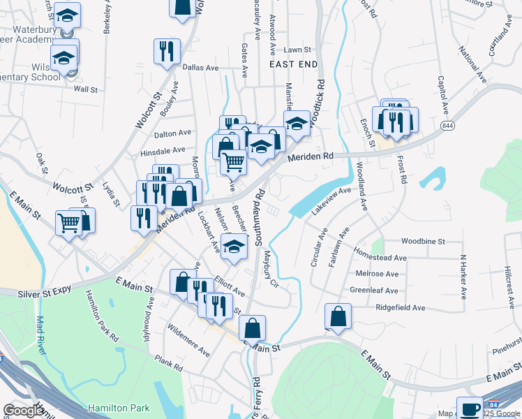 map of restaurants, bars, coffee shops, grocery stores, and more near 232 Southmayd Road in Waterbury