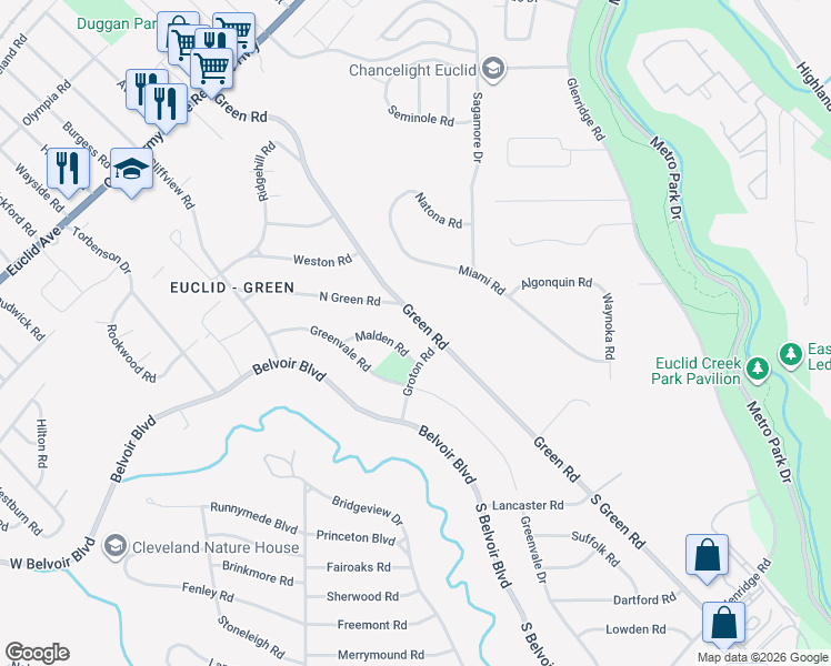 map of restaurants, bars, coffee shops, grocery stores, and more near 2167 Green Road in Cleveland