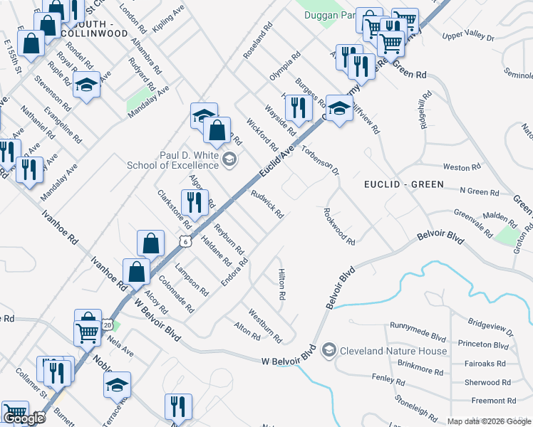 map of restaurants, bars, coffee shops, grocery stores, and more near 1842 Rudwick Road in Cleveland